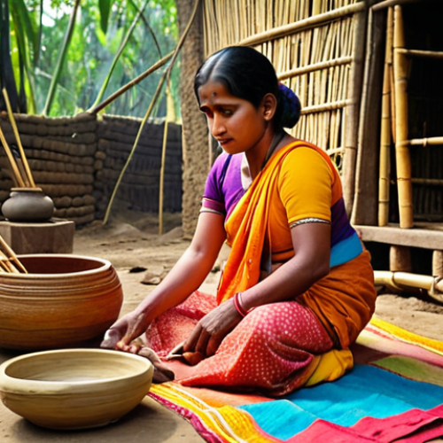 Home 19 **A vibrant scene of rural Bengal showcasing traditional crafts:** Depict artisans creating bamboo and cane furniture, pottery making, and colorful textiles, with a focus on local materials and traditional techniques. Capture the essence of Bengali folk art.