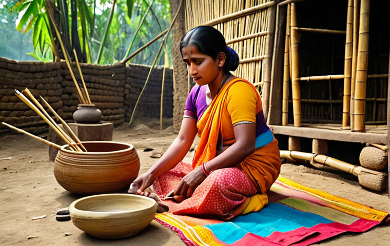 **A vibrant scene of rural Bengal showcasing traditional crafts:** Depict artisans creating bamboo and cane furniture, pottery making, and colorful textiles, with a focus on local materials and traditional techniques. Capture the essence of Bengali folk art.
