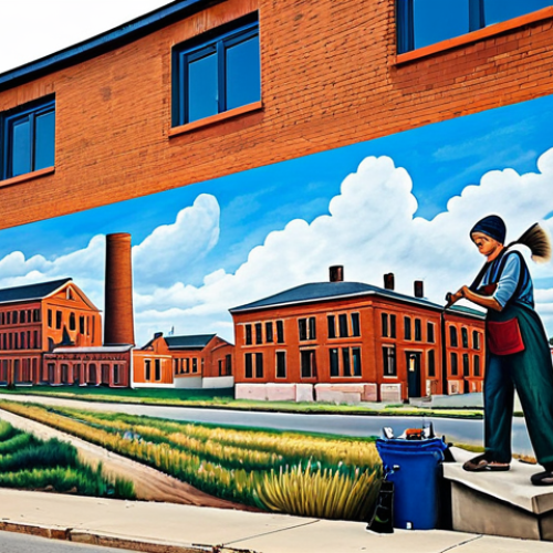 Home 8 A professional female artist, fully clothed in modest, practical work attire, meticulously painting a large-scale, vibrant mural on the exterior wall of a historic brick factory building in a bustling urban district. The mural depicts elements of local history and the everyday life of the community. The environment shows a harmonious blend of old and new architecture under clear skies. The artist is in a natural pose, perfect anatomy, correct proportions, with well-formed hands. Professional photography, high detail, rich textures, volumetric lighting, safe for work, appropriate content, family-friendly.
