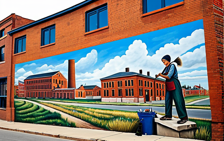 A professional female artist, fully clothed in modest, practical work attire, meticulously painting a large-scale, vibrant mural on the exterior wall of a historic brick factory building in a bustling urban district. The mural depicts elements of local history and the everyday life of the community. The environment shows a harmonious blend of old and new architecture under clear skies. The artist is in a natural pose, perfect anatomy, correct proportions, with well-formed hands. Professional photography, high detail, rich textures, volumetric lighting, safe for work, appropriate content, family-friendly.