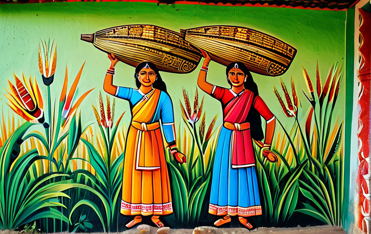 **

"A vibrant mural on a village wall in Bengal, depicting scenes of rural life: rice harvesting, women carrying water, and a festive celebration. The mural should incorporate traditional Bengali art styles and colors. Safe for work, appropriate content, fully clothed, family-friendly, perfect anatomy, correct proportions, natural pose, high quality."

**
