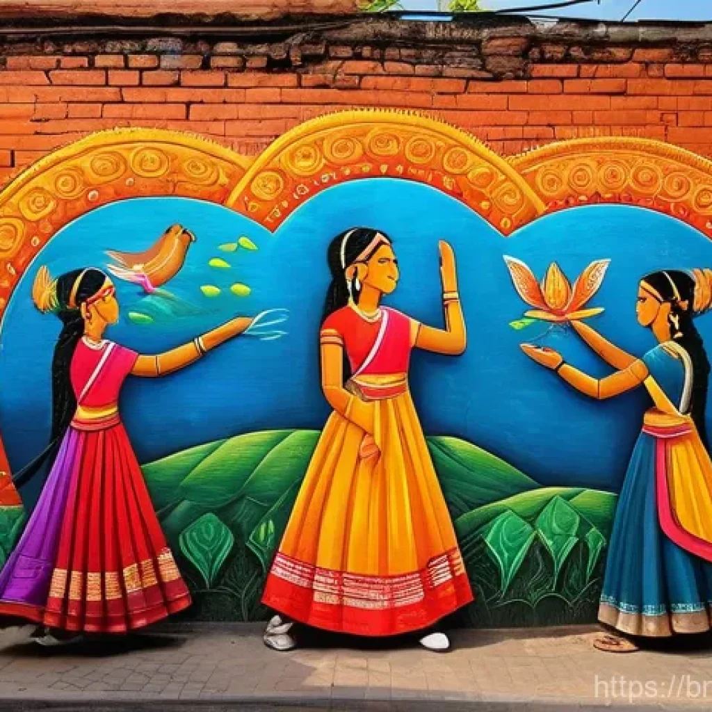 장소 특정적 예술 접근의 사례 연구 - **A vibrant, intricate mural on the side of an old brick building in a bustling city. The mural depi...