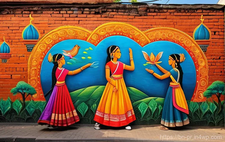 장소 특정적 예술 접근의 사례 연구 - **A vibrant, intricate mural on the side of an old brick building in a bustling city. The mural depi...