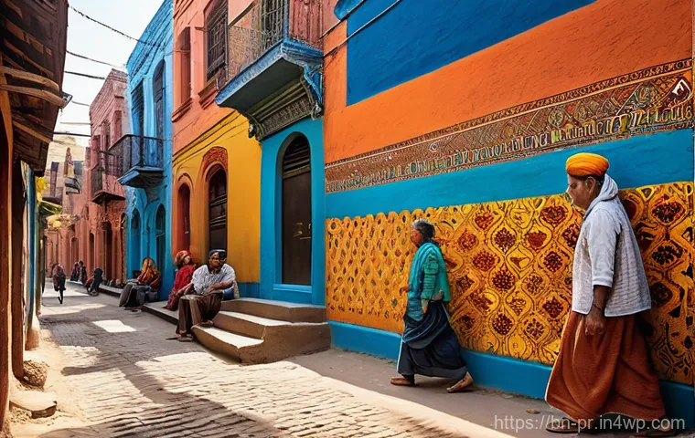 장소 특정적 예술과 공간의 의미 - **Prompt 1: "A vibrant mural adorning the weathered brick wall of a narrow, bustling alleyway in a h...