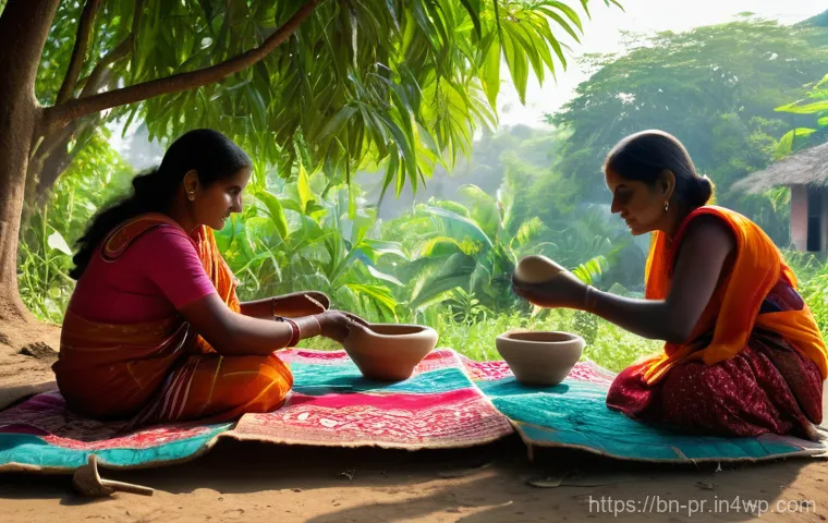 장소 특정적 예술과 문화적 다양성 - Prompt 1: Rural Artisans Crafting 'Kantha' and Pottery**