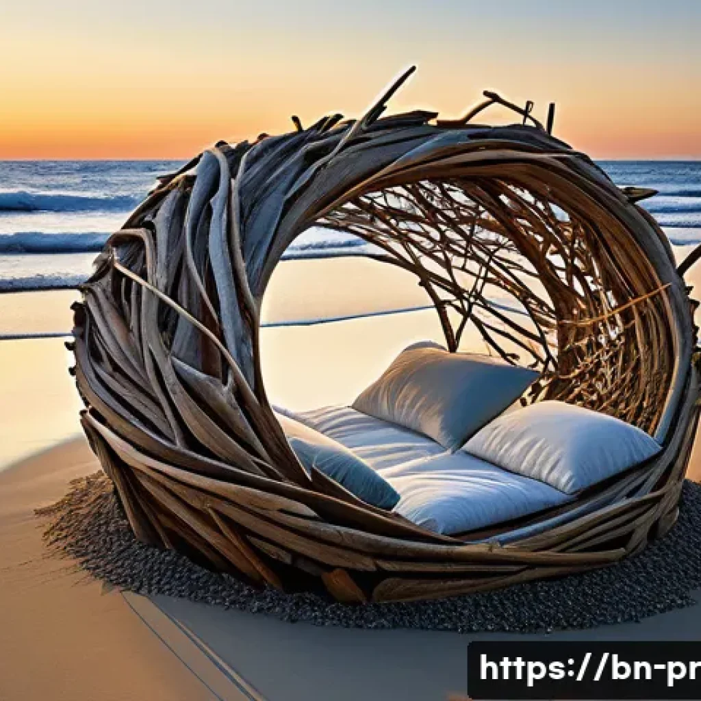 장소 특정적 예술의 감각적 경험 - **Prompt 1: "A breathtaking site-specific art installation on a serene, untouched beach at sunrise. ...