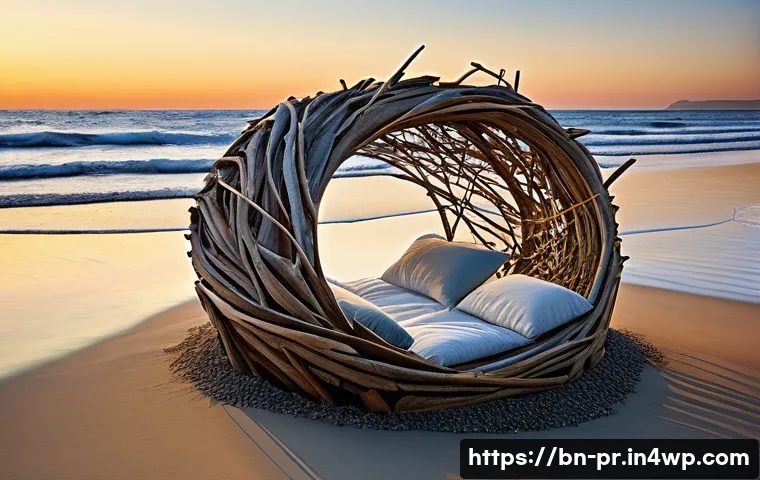 장소 특정적 예술의 감각적 경험 - **Prompt 1: "A breathtaking site-specific art installation on a serene, untouched beach at sunrise. ...