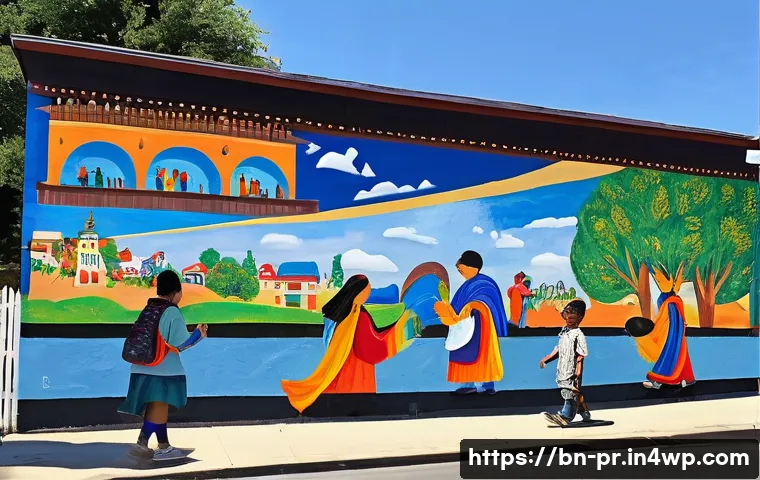 장소 특정적 예술 접근에서의 시민 참여 - **Prompt 1: A Vibrant Community Mural Project**
    "A wide-angle shot of a lively urban wall, trans...