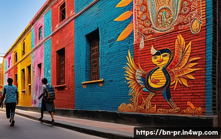 장소 특정적 예술 접근의 방법론적 다양성 - **Urban Mural of Cultural Revival:** A large, vibrant mural painted on the weathered, textured brick...