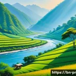 장소 특정적 예술의 다원적 접근 - A vibrant painting scene set in a mountainous Bengali region during daylight, capturing local artist...