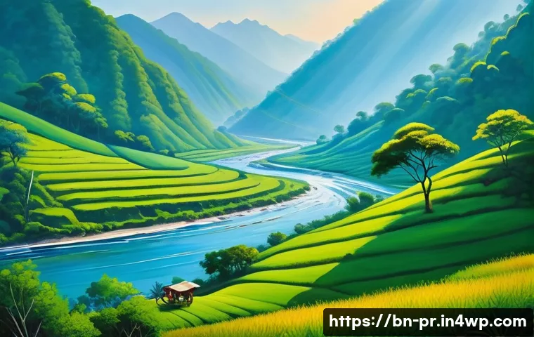 장소 특정적 예술의 다원적 접근 - A vibrant painting scene set in a mountainous Bengali region during daylight, capturing local artist...