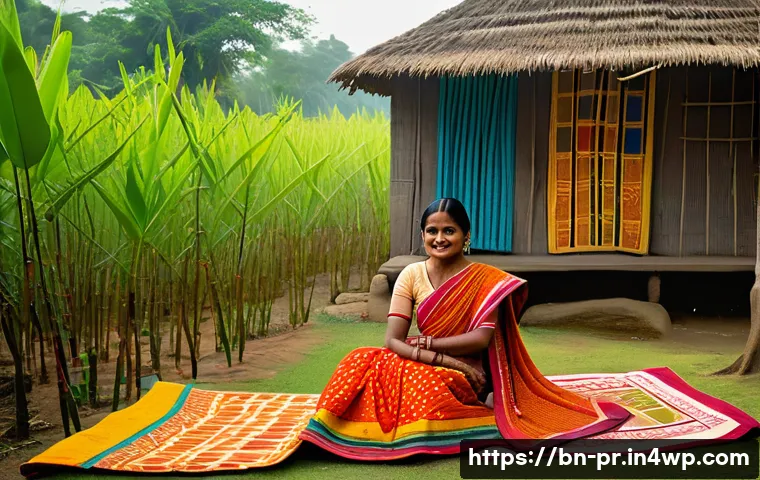 장소 특정적 예술과 사회적 연대 - A vibrant rural Bengali artisan woman wearing traditional colorful sari and modest undergarments, in...