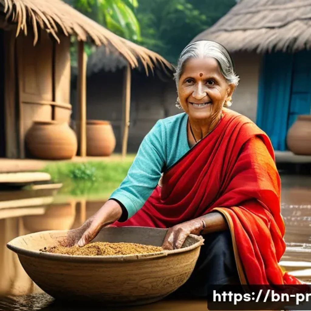 장소 특정적 예술 접근을 위한 네트워킹 - A vibrant rural artist in traditional Bengali attire, wearing modest clothing, creating a mixed-medi...