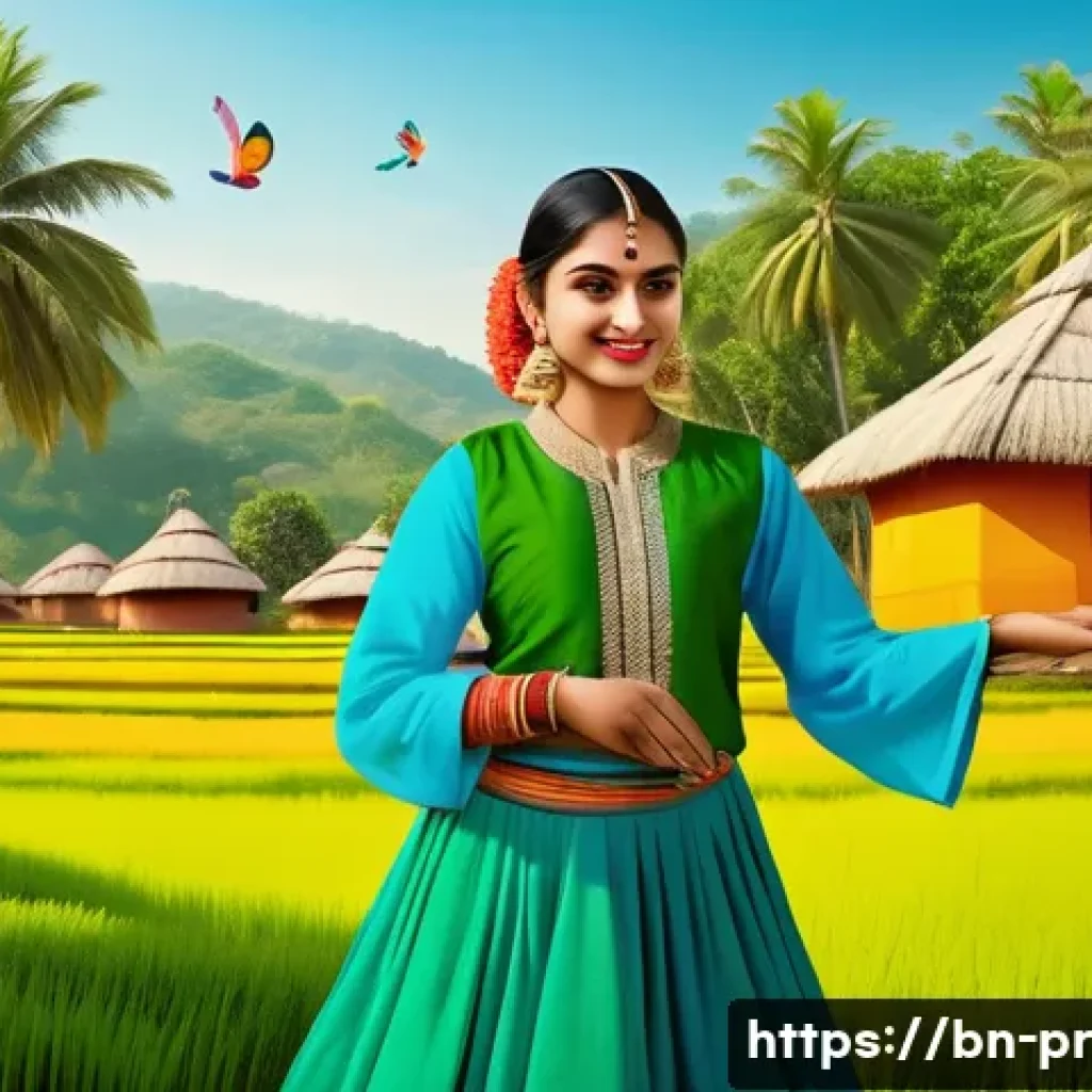장소 특정적 예술의 정체성과 변화 - A vibrant scene of a Bengali village artist blending traditional folk dance and music motifs with mo...
