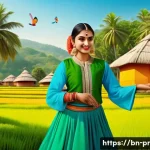 장소 특정적 예술의 정체성과 변화 - A vibrant scene of a Bengali village artist blending traditional folk dance and music motifs with mo...