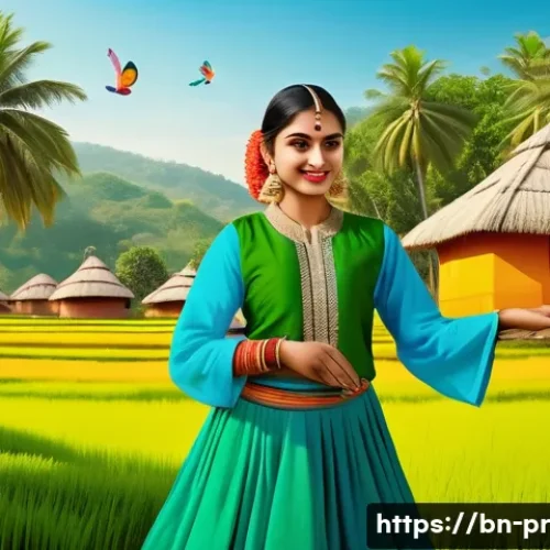 장소 특정적 예술의 정체성과 변화 - A vibrant scene of a Bengali village artist blending traditional folk dance and music motifs with mo...