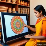 장소 특정적 예술과 대안적 미디어 - A vibrant digital art studio scene featuring a young Bengali artist wearing modest clothing, working...
