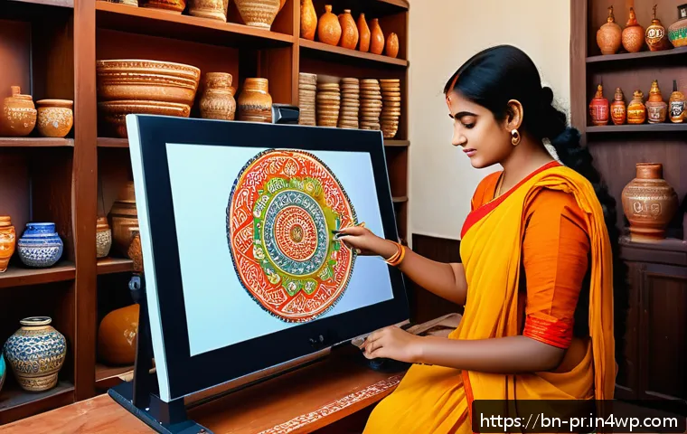 장소 특정적 예술과 대안적 미디어 - A vibrant digital art studio scene featuring a young Bengali artist wearing modest clothing, working...