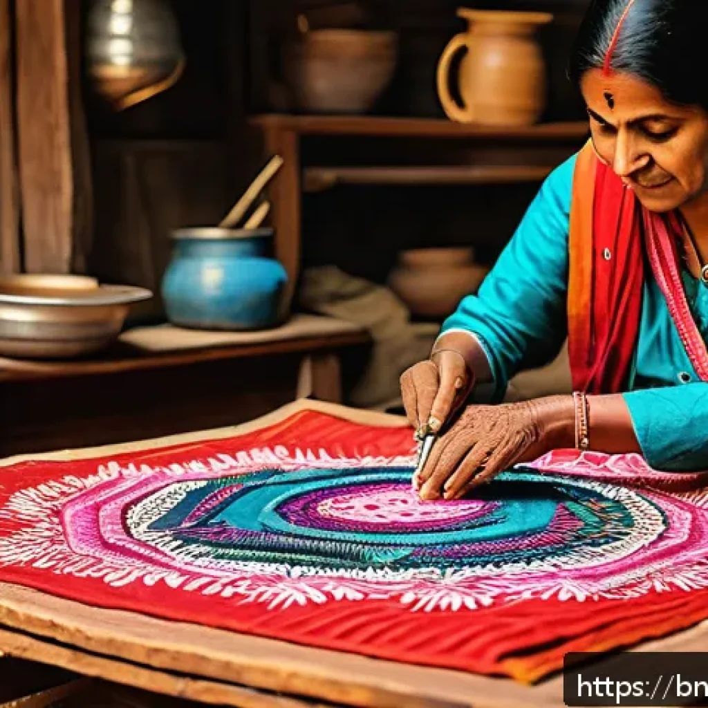 장소 특정적 예술 접근과 문화유산 보존 - A vibrant traditional Bengali craft workshop scene where skilled artisans, dressed in modest colorfu...
