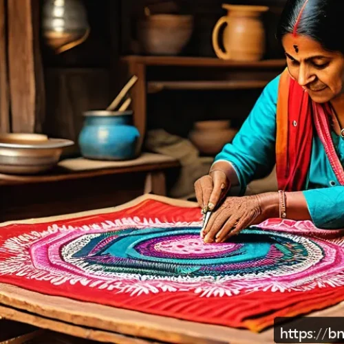 장소 특정적 예술 접근과 문화유산 보존 - A vibrant traditional Bengali craft workshop scene where skilled artisans, dressed in modest colorfu...