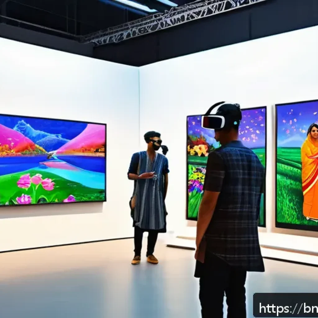 장소 특정적 예술 접근을 위한 기술적 도전 - A vibrant digital art gallery scene showcasing diverse Bengali artists displaying their creations on...