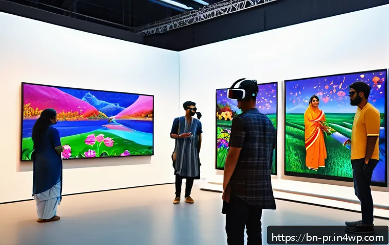 장소 특정적 예술 접근을 위한 기술적 도전 - A vibrant digital art gallery scene showcasing diverse Bengali artists displaying their creations on...