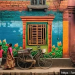 장소 특정적 예술을 위한 기법 - A vibrant mural on an old city wall in Dhaka&rsquo;s historic Hatbazar area, depicting scenes from the Ban...