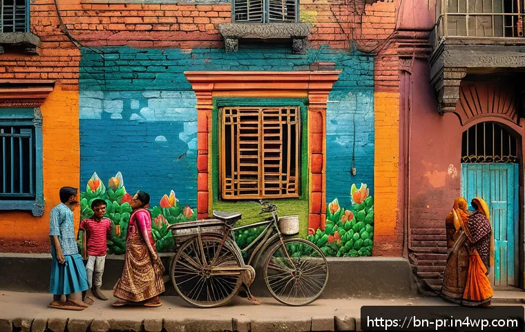 장소 특정적 예술을 위한 기법 - A vibrant mural on an old city wall in Dhaka&rsquo;s historic Hatbazar area, depicting scenes from the Ban...
