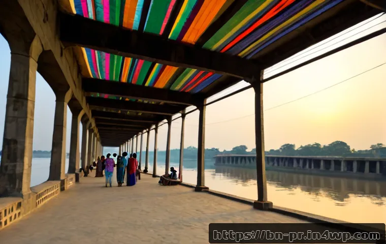 장소 특정적 예술과 인식 변화 - Photorealistic wide-angle scene of a site-specific contemporary art installation beneath an old rive...