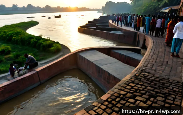 Home 17 장소 특정적 예술과 관광 산업의 관계 - Photorealistic riverside cultural district in Bangladesh at golden hour, a large site-specific conte...